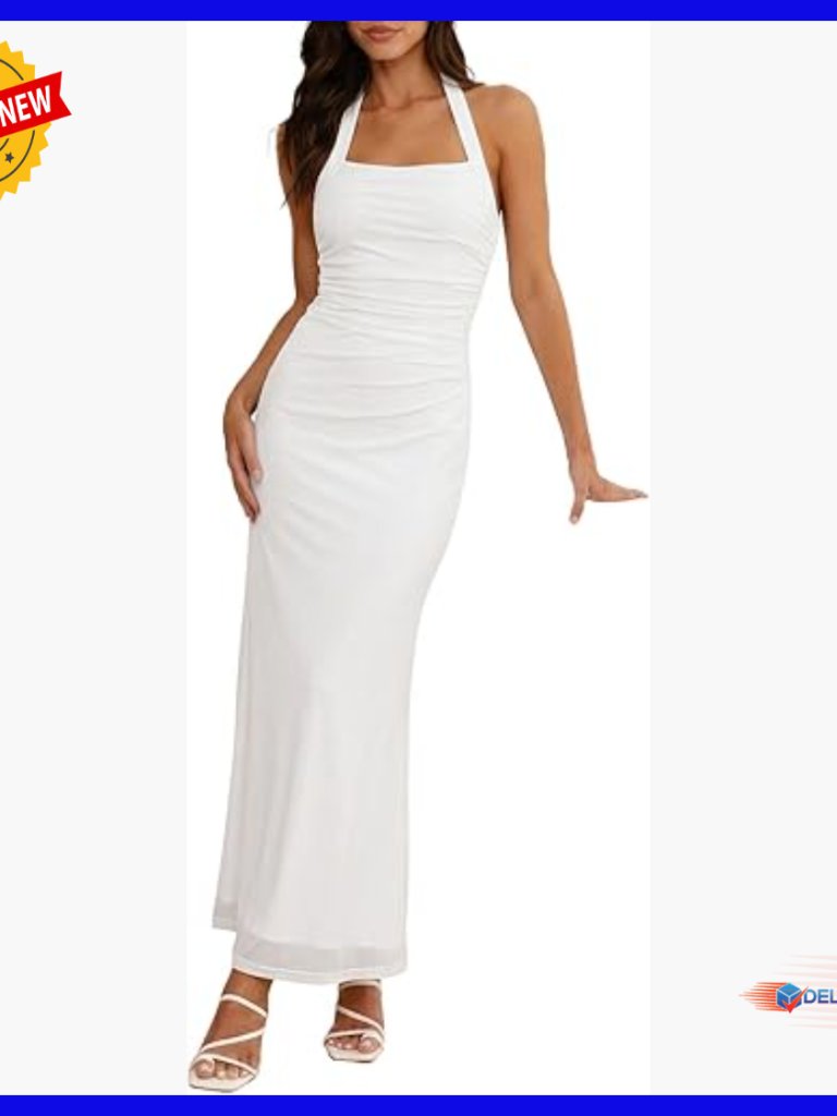 Mesh Halter Maxi Dress With Ruched Back, Bodycon Fit For Formal Events